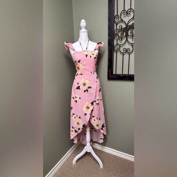 J.0.A. Pink floral high low overlapping maxi dress - Picture 1 of 5